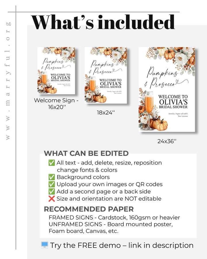 Pumpkins and Prosecco Bridal Shower Welcome Sign Template for a Floral Fall in Love Bridal Brunch #072 - TheLovebirdsDesign