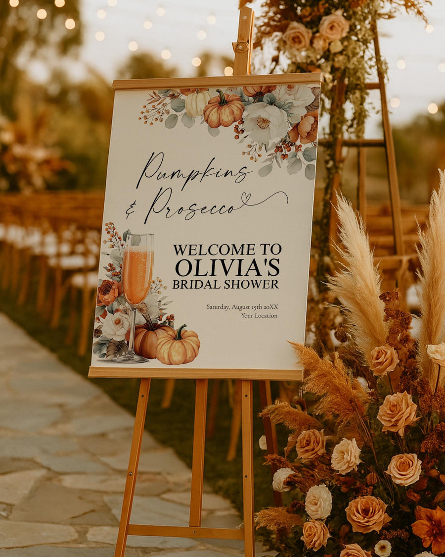 Pumpkins and Prosecco Welcome Sign Template, Fall Floral Bridal Shower Sign 077FA-WLCM - marryful.org