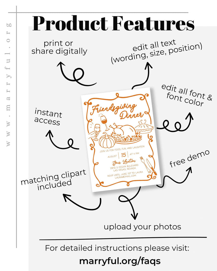 Custom Friends Thanksgiving Invite Template Whimsical Handwritten Pumpkin Potluck Editable Invitation #070 - TheLovebirdsDesign