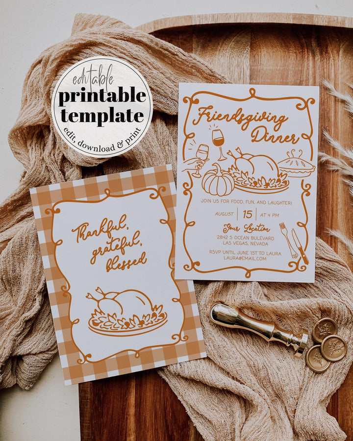 Custom Friends Thanksgiving Invite Template Whimsical Handwritten Pumpkin Potluck Editable Invitation #070 - TheLovebirdsDesign