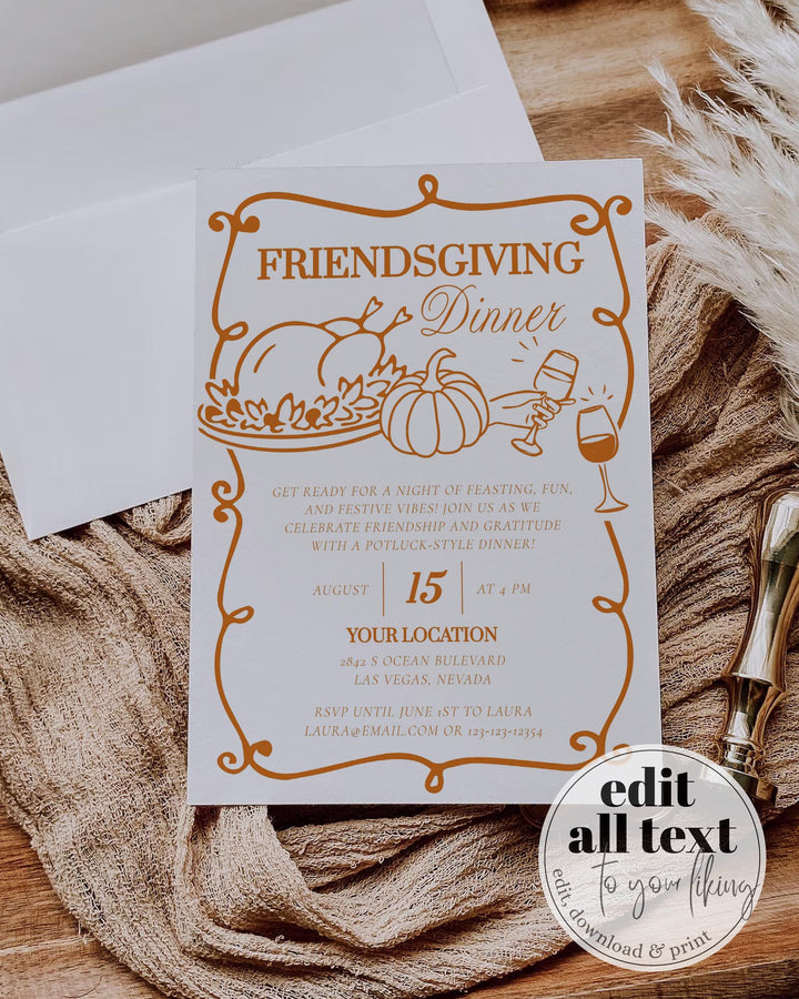 Fall Friendsgiving Dinner Invitation Template Editable Printable Autumn Holiday Invite Card #070 - TheLovebirdsDesign