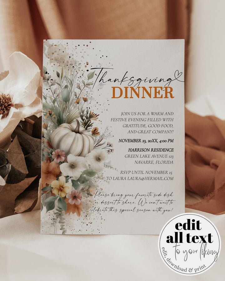 Printable Thanksgiving Feast Invitation Template Fall Gathering Dinner Editable Design #072 - TheLovebirdsDesign