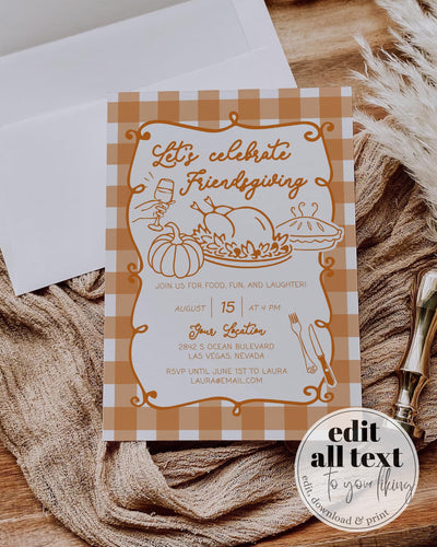 Whimsical Friendsgiving Dinner Invitation Template Customizable Thanksgiving Potluck Printable Invite #070 - TheLovebirdsDesign