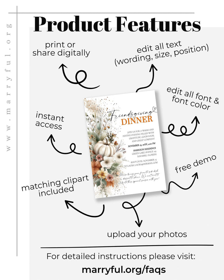 Editable Friendsgiving Invitation Template Printable Pumpkin Fall Florals Dinner Invite #081 - TheLovebirdsDesign