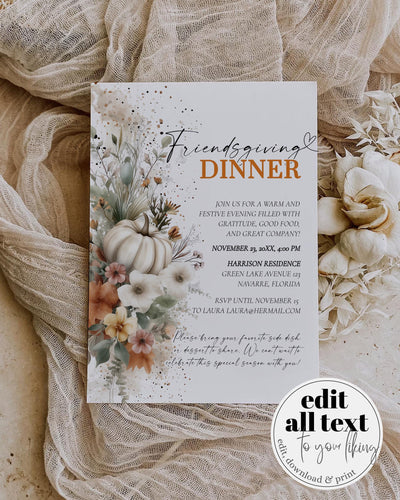 Editable Friendsgiving Invitation Template Printable Pumpkin Fall Florals Dinner Invite #081 - TheLovebirdsDesign