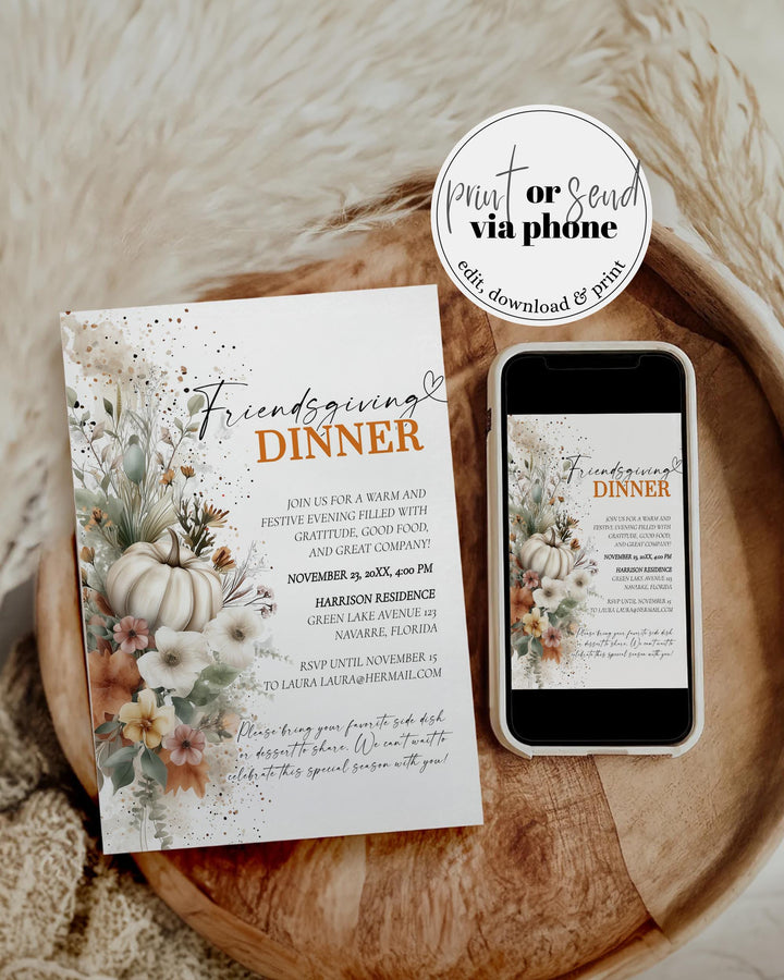 Editable Friendsgiving Invitation Template Printable Pumpkin Fall Florals Dinner Invite #081 - TheLovebirdsDesign