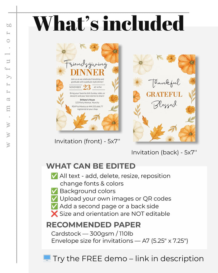 Autumn Pumpkin Friendsgiving Invite Editable Holiday Dinner Party Template #072 - TheLovebirdsDesign