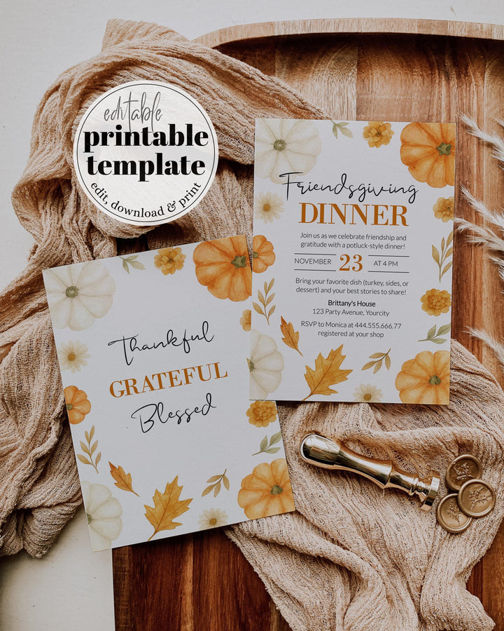 Autumn Pumpkin Friendsgiving Invite Editable Holiday Dinner Party Template #072 - TheLovebirdsDesign