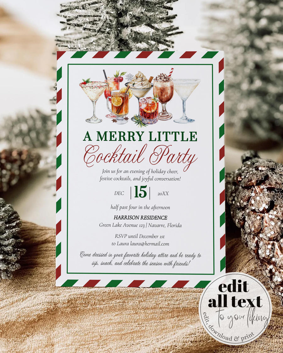 Christmas Cocktail Party Invitation Template, Red and Green Holiday Theme #072 - marryful.org