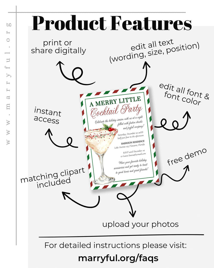 Festive Holiday Cocktail Party Invitation Template – Red & Green Stripes Featuring Winter Martini #072 - TheLovebirdsDesign
