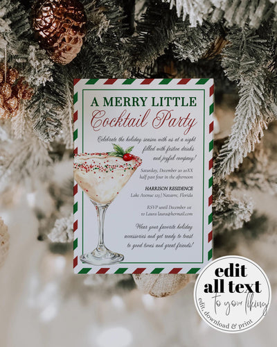Festive Holiday Cocktail Party Invitation Template – Red & Green Stripes Featuring Winter Martini #072 - TheLovebirdsDesign