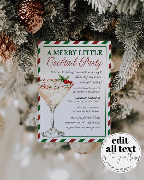 Festive Holiday Cocktail Party Invitation Template – Red & Green Stripes Featuring Winter Martini #072 - TheLovebirdsDesign