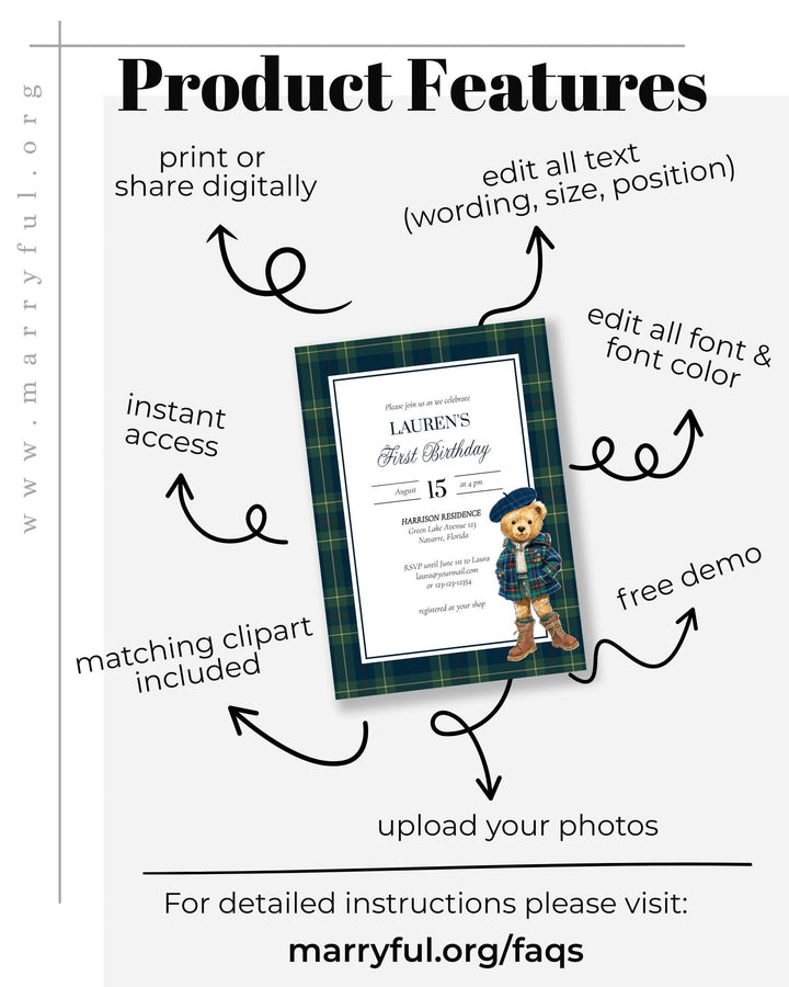 Girl's 1st Birthday Invitation Template Editable Teddy Bear Vintage Plaid Polo Theme Printable #068rl - TheLovebirdsDesign