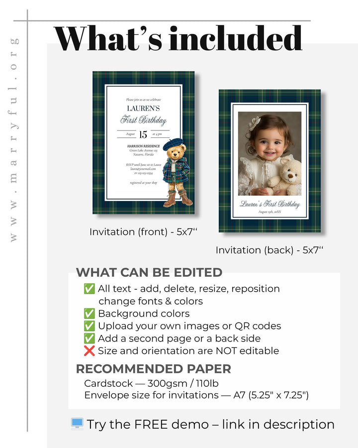 Girl's 1st Birthday Invitation Template Editable Teddy Bear Vintage Plaid Polo Theme Printable #068rl - TheLovebirdsDesign
