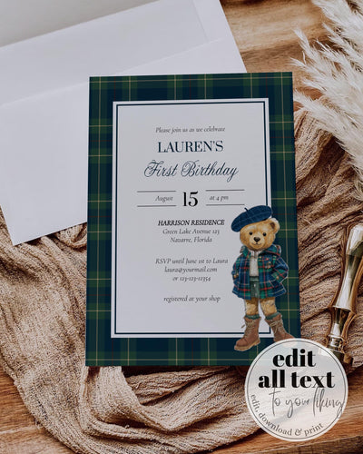 Girl's 1st Birthday Invitation Template Editable Teddy Bear Vintage Plaid Polo Theme Printable #068rl - TheLovebirdsDesign
