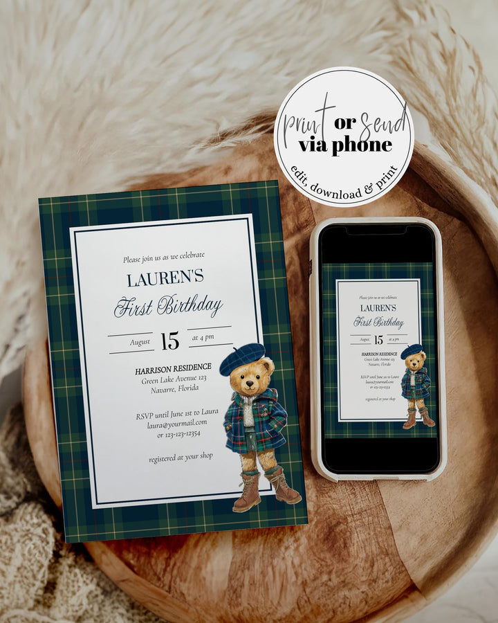 Girl's 1st Birthday Invitation Template Editable Teddy Bear Vintage Plaid Polo Theme Printable #068rl - TheLovebirdsDesign