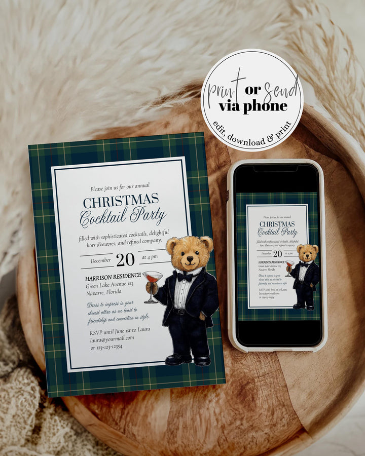 Vintage Christmas Cocktail Invite Template - Editable Tuxedo Bear Martini Glass Holiday Party Printable #068rl - TheLovebirdsDesign
