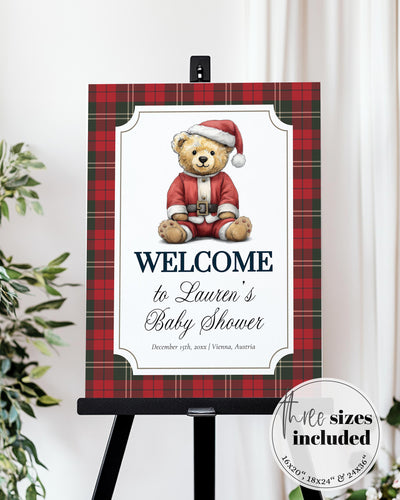 Christmas Teddy Bear Baby Shower Welcome Sign, Vintage Heritage Santa Winter Party Decor Template #068ch - TheLovebirdsDesign