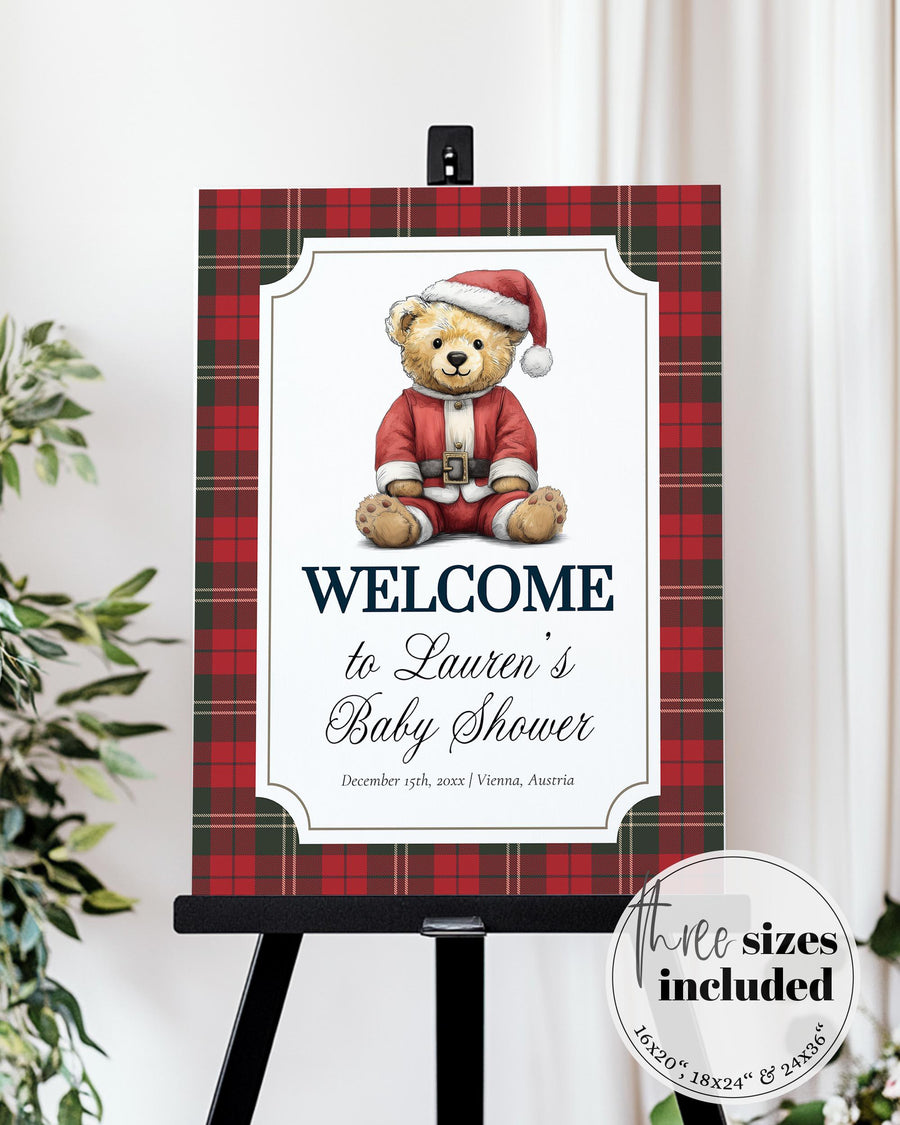 Christmas Teddy Bear Baby Shower Welcome Sign Template, Vintage Santa Plaid Decor 068CH-WLCM - marryful.org