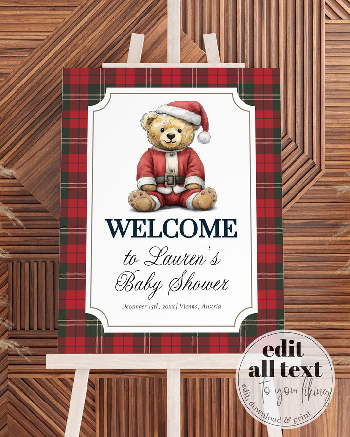 Christmas Teddy Bear Baby Shower Welcome Sign, Vintage Heritage Santa Winter Party Decor Template #068ch - TheLovebirdsDesign