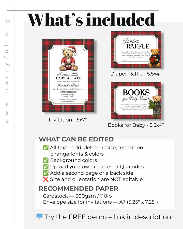 Christmas Bear Baby Shower Invitation Template for Vintage Heritage Santa Baby Shower Invite Template Luxury Teddy Bear Theme #068ch - TheLovebirdsDesign