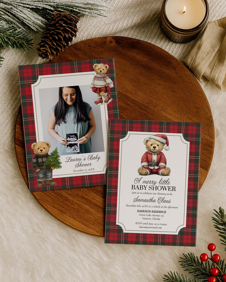 Christmas Bear Baby Shower Invitation Template for Vintage Heritage Santa Baby Shower Invite Template Luxury Teddy Bear Theme #068ch - TheLovebirdsDesign
