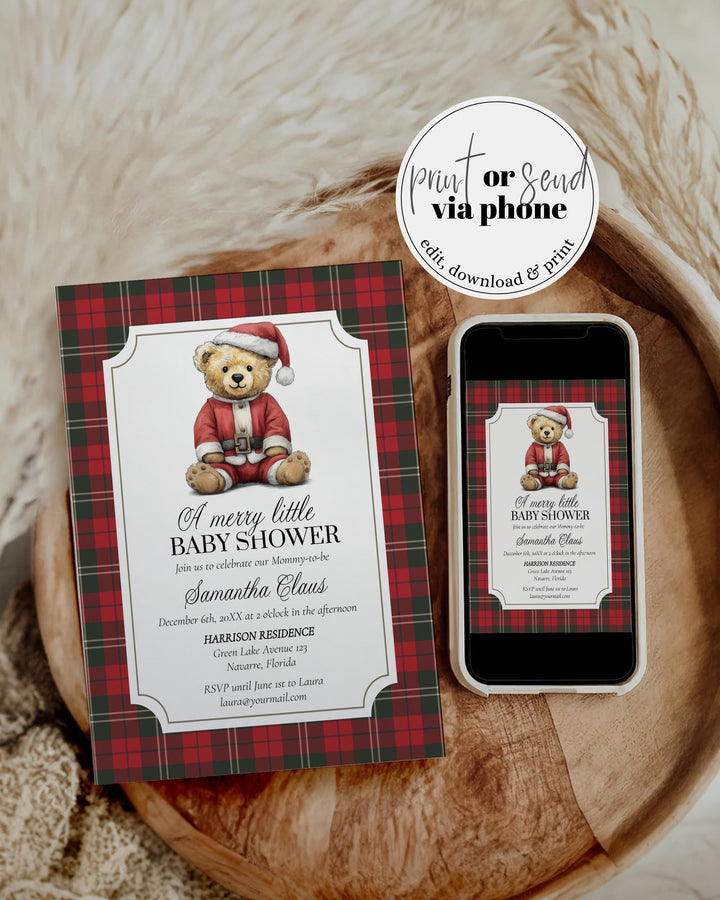 Christmas Bear Baby Shower Invitation Template for Vintage Heritage Santa Baby Shower Invite Template Luxury Teddy Bear Theme #068ch - TheLovebirdsDesign