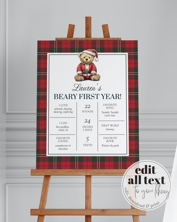 Christmas Teddy Bear First Birthday Milestone Sign Vintage Heritage Winter 1st Birthday with Santa Bear Party Decor Template #068ch - TheLovebirdsDesign