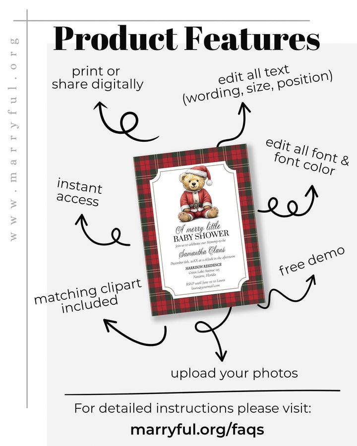 Christmas Bear Baby Shower Template Bundle with Invitation and Decor Vintage Heritage Luxury Baby Shower Bundle Teddy Bear Theme #068ch - TheLovebirdsDesign