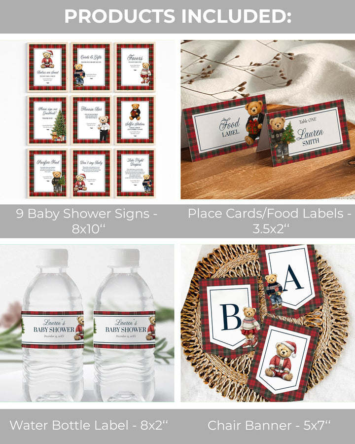 Christmas Bear Baby Shower Template Bundle with Invitation and Decor Vintage Heritage Luxury Baby Shower Bundle Teddy Bear Theme #068ch - TheLovebirdsDesign