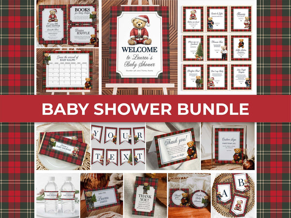 Christmas Bear Baby Shower Template Bundle with Invitation and Decor Vintage Heritage Luxury Baby Shower Bundle Teddy Bear Theme #068ch - TheLovebirdsDesign