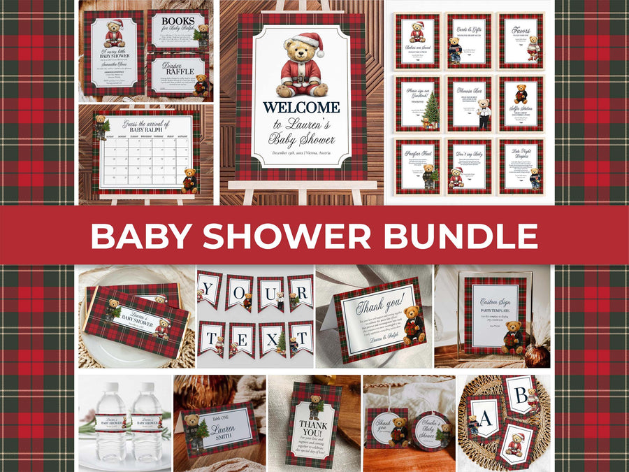 Christmas Teddy Bear Baby Shower Bundle Template, Vintage Plaid Holiday Decor Set 068CH-BSBUNDLE - marryful.org
