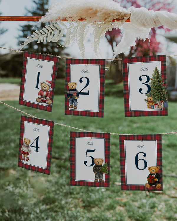 Christmas Teddy Bear Table Numbers Template for Vintage Heritage Baby Shower Decor in Winter #068ch - TheLovebirdsDesign