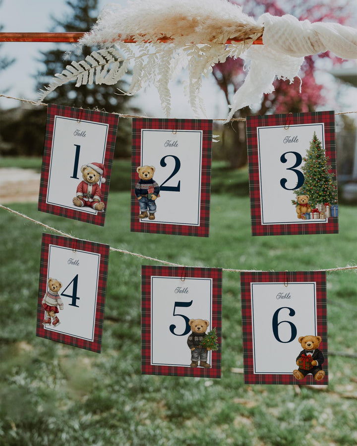 Christmas Teddy Bear Table Numbers Template for Vintage Heritage Baby Shower Decor in Winter #068ch - TheLovebirdsDesign