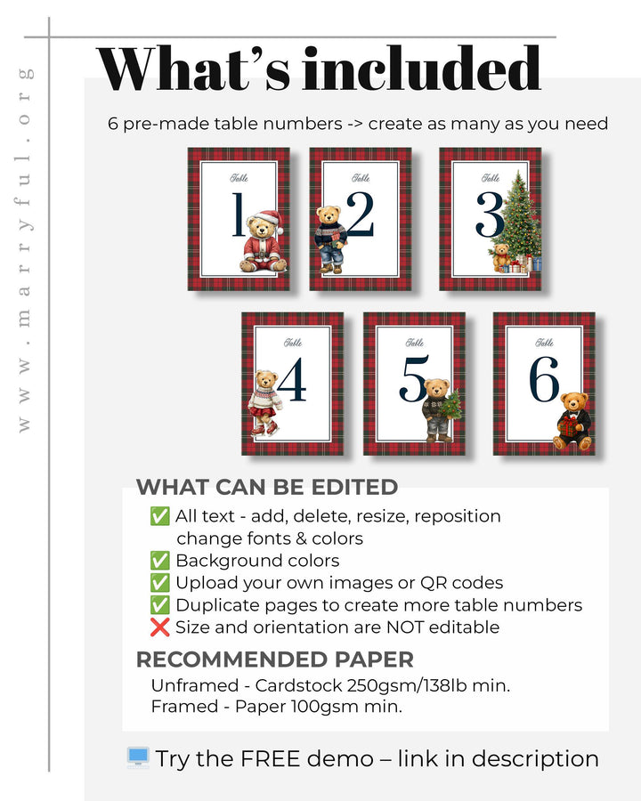 Christmas Teddy Bear Table Numbers Template for Vintage Heritage Baby Shower Decor in Winter #068ch - TheLovebirdsDesign
