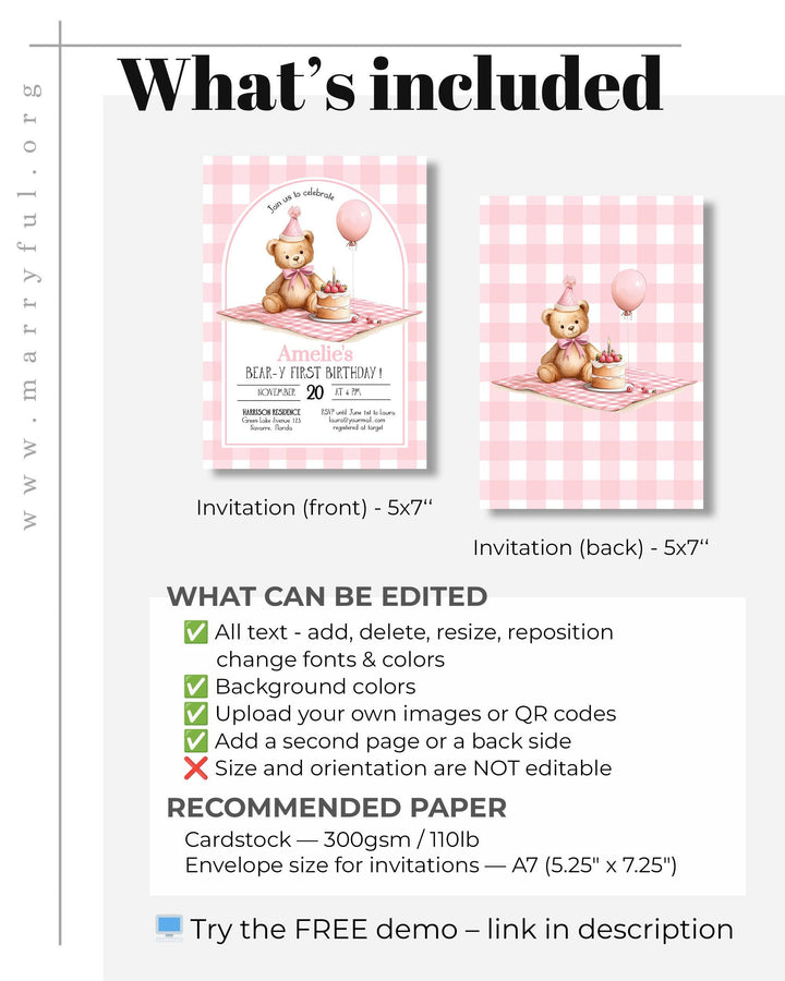 Pink Teddy Bear Picnic First Birthday Invitation Template (Digital Download) #072 - TheLovebirdsDesign