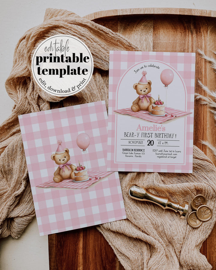 Pink Teddy Bear Picnic First Birthday Invitation Template (Digital Download) #072 - TheLovebirdsDesign