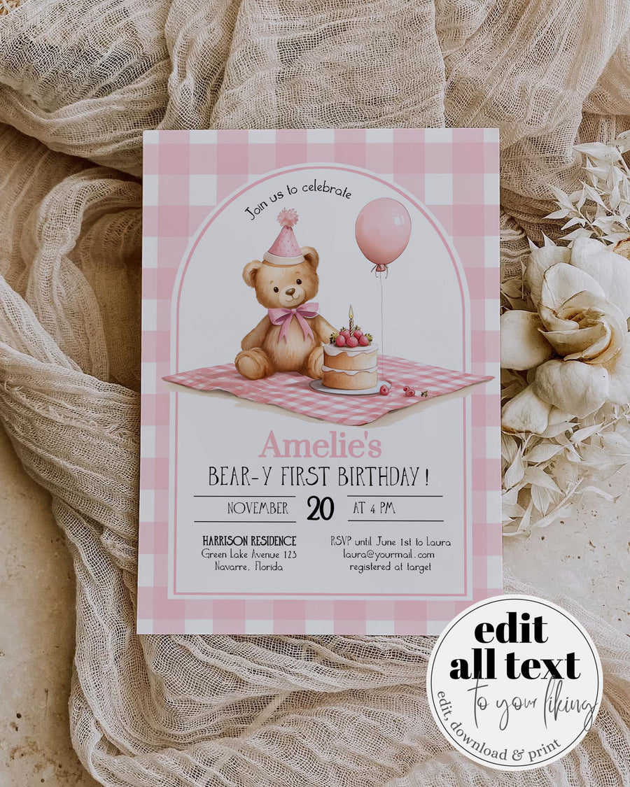 Beary First Birthday Invitation Template, Pink Gingham Teddy Bear Picnic Birthday Invite 098PI-BINV - marryful.org