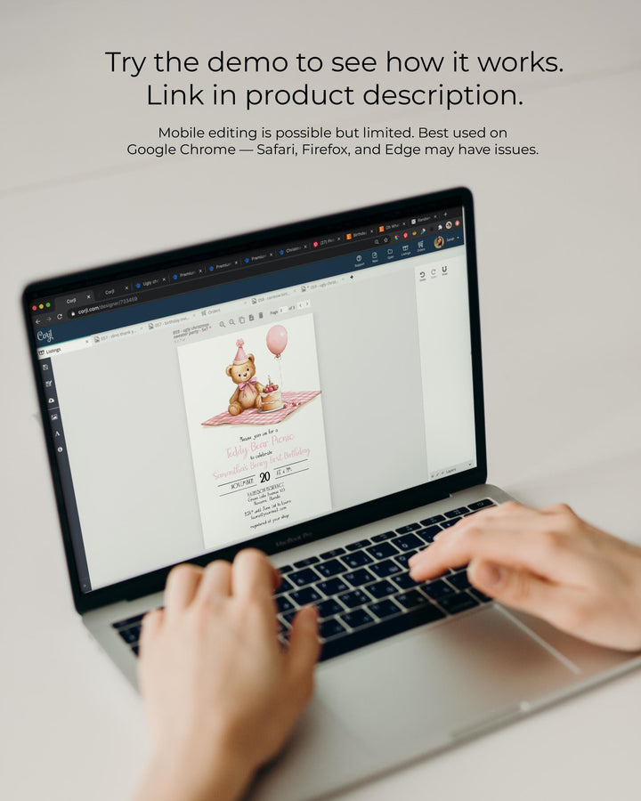 Pink Teddy Bear Picnic 1st Birthday Invitation Template (Digital Download) #072 - TheLovebirdsDesign