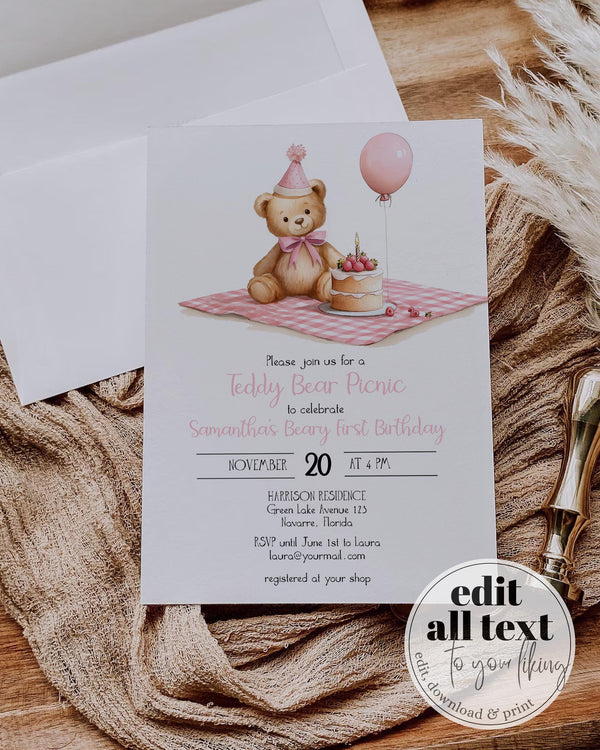 Pink Teddy Bear Picnic Birthday Invitation, Beary First Birthday Cottagecore Template 098PI-BINV2 - marryful.org