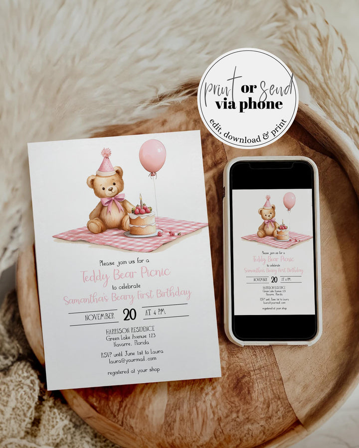 Pink Teddy Bear Picnic 1st Birthday Invitation Template (Digital Download) #072 - TheLovebirdsDesign