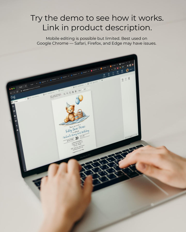 Blue Teddy Bear Picnic 1st Birthday Invitation Template (Digital Download) #072 - TheLovebirdsDesign