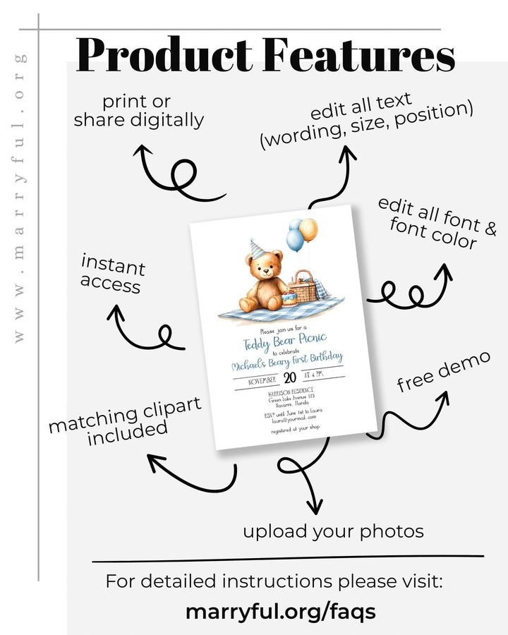 Blue Teddy Bear Picnic 1st Birthday Invitation Template (Digital Download) #072 - TheLovebirdsDesign