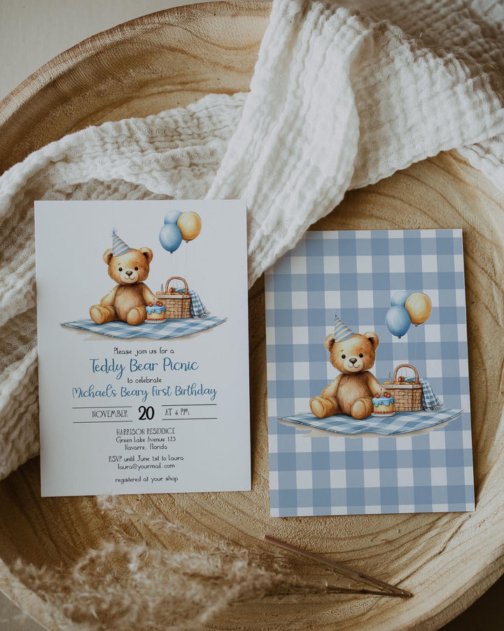Blue Teddy Bear Picnic 1st Birthday Invitation Template (Digital Download) #072 - TheLovebirdsDesign