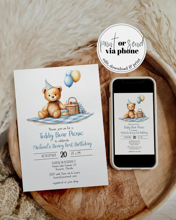 Blue Teddy Bear Picnic 1st Birthday Invitation Template (Digital Download) #072 - TheLovebirdsDesign