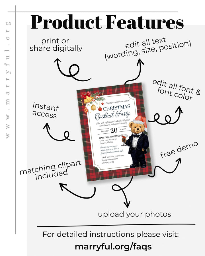 Christmas Cocktail Party Invitation Template with editable Tuxedo Bear Martini Glass Vintage Holiday Party Printable #068ch - TheLovebirdsDesign