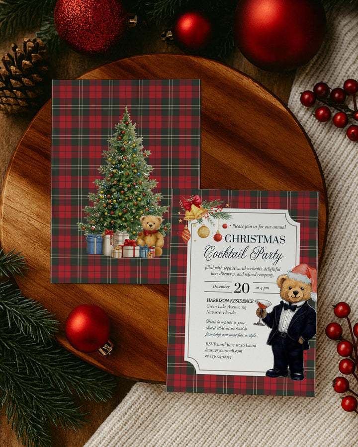 Christmas Cocktail Party Invitation Template with editable Tuxedo Bear Martini Glass Vintage Holiday Party Printable #068ch - TheLovebirdsDesign