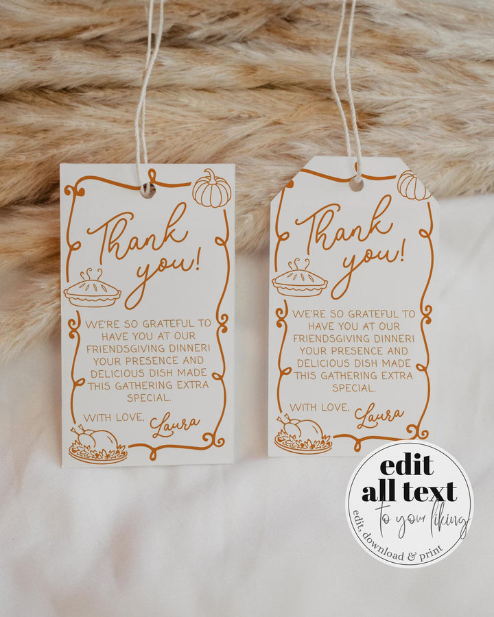 Custom Friends Thanksgiving Sticker Label and Tags Template Whimsical Handwritten Pumpkin Potluck Editable Favor Tags #070 - TheLovebirdsDesign