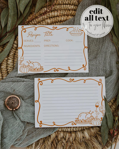 Custom Friends Thanksgiving Potluck Recipe Card Template Whimsical Handwritten Pumpkin Editable Invitation #070 - TheLovebirdsDesign