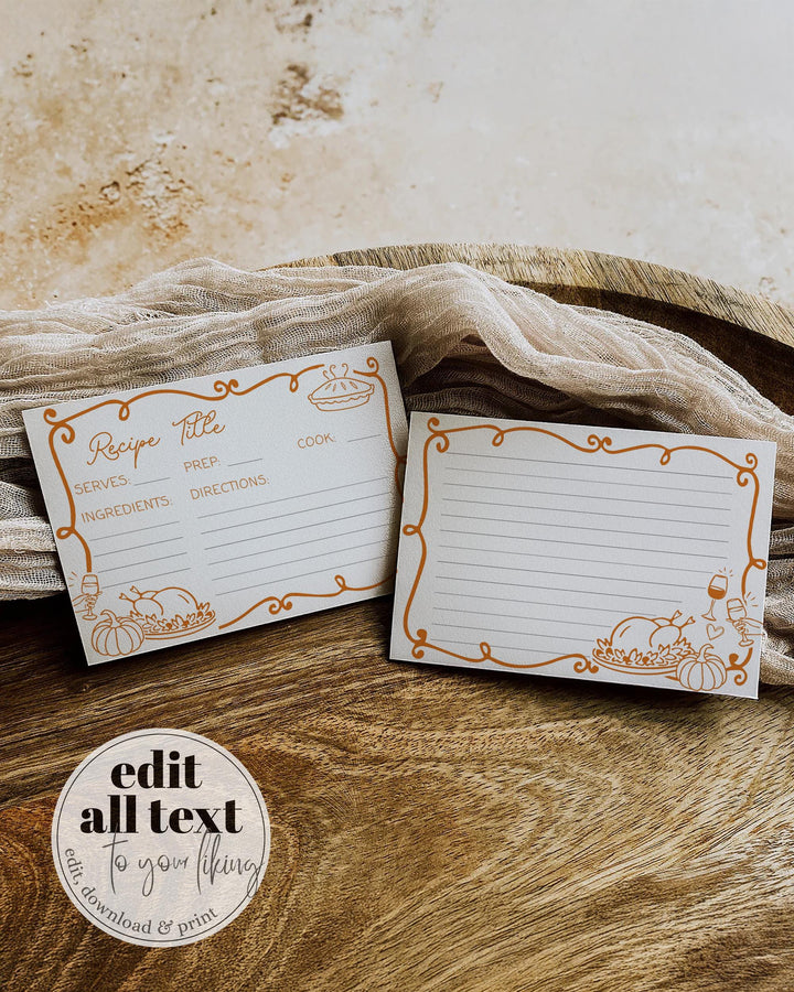 Custom Friends Thanksgiving Potluck Recipe Card Template Whimsical Handwritten Pumpkin Editable Invitation #070 - TheLovebirdsDesign